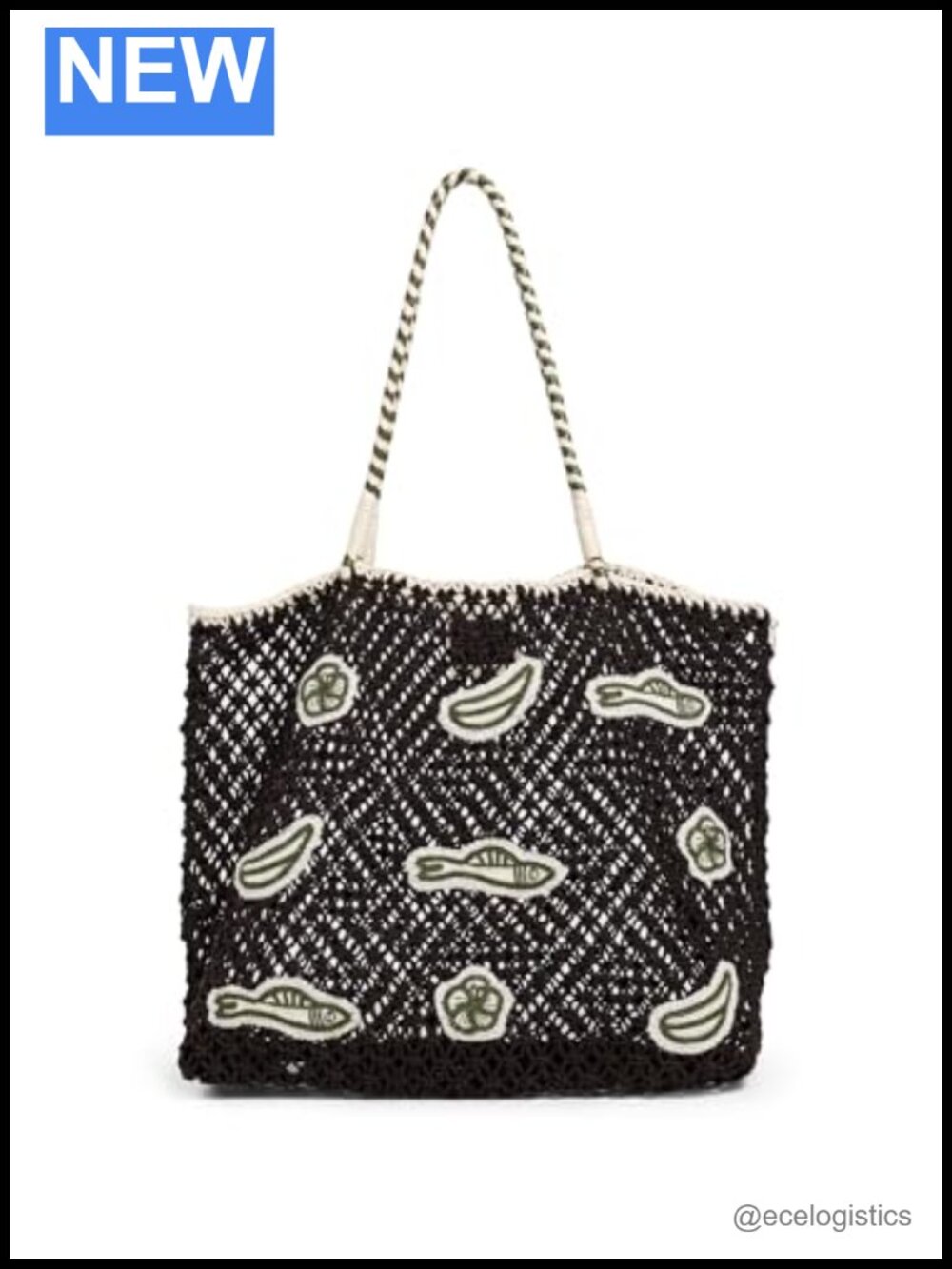 Crochet Macrame Tote Bag with Leather Trim Shoulder Straps